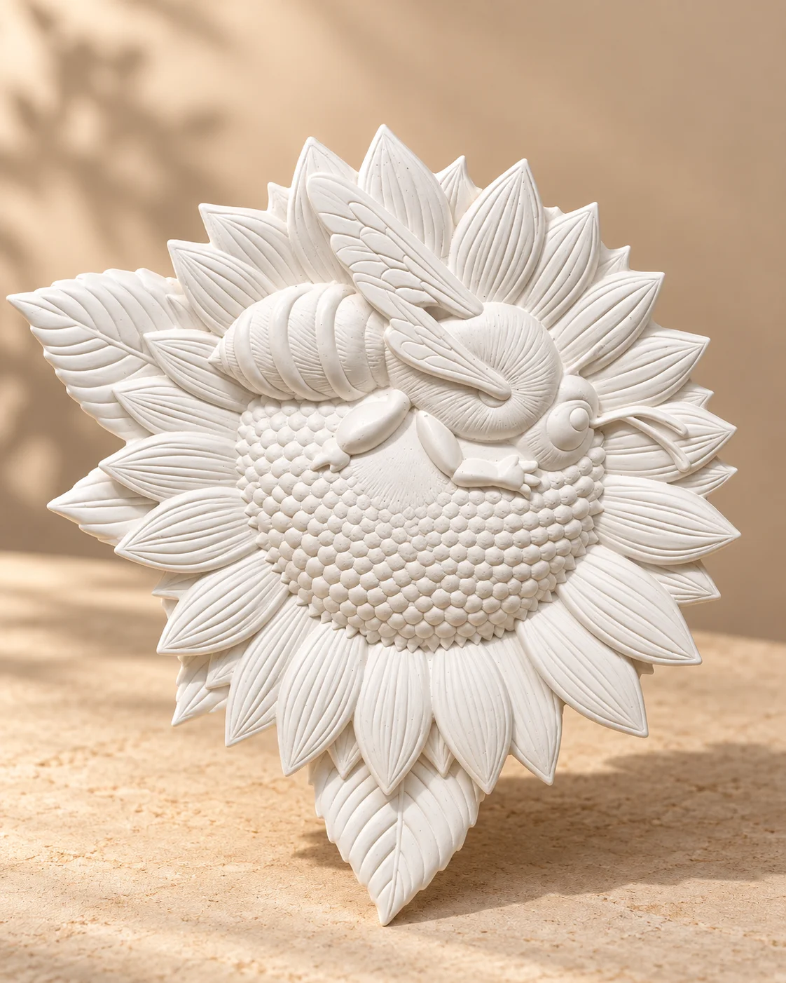 Placa decorativa redonda de 14 cm en yeso cerámico blanco con escultura en relieve de girasol y abeja con acabado mate