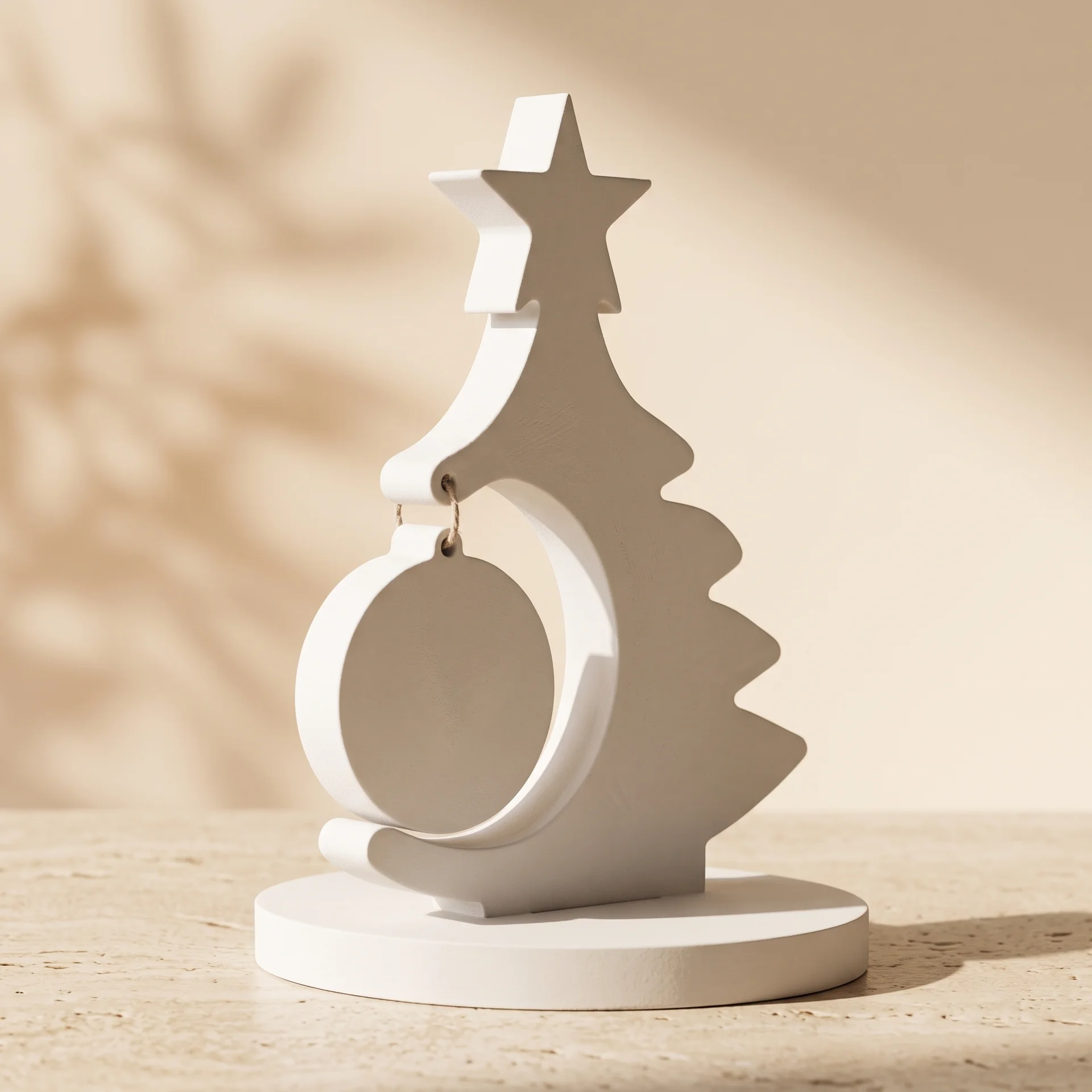 Figura decorativa de árbol navideño en yeso cerámico blanco sobre base ovalada con esfera colgante