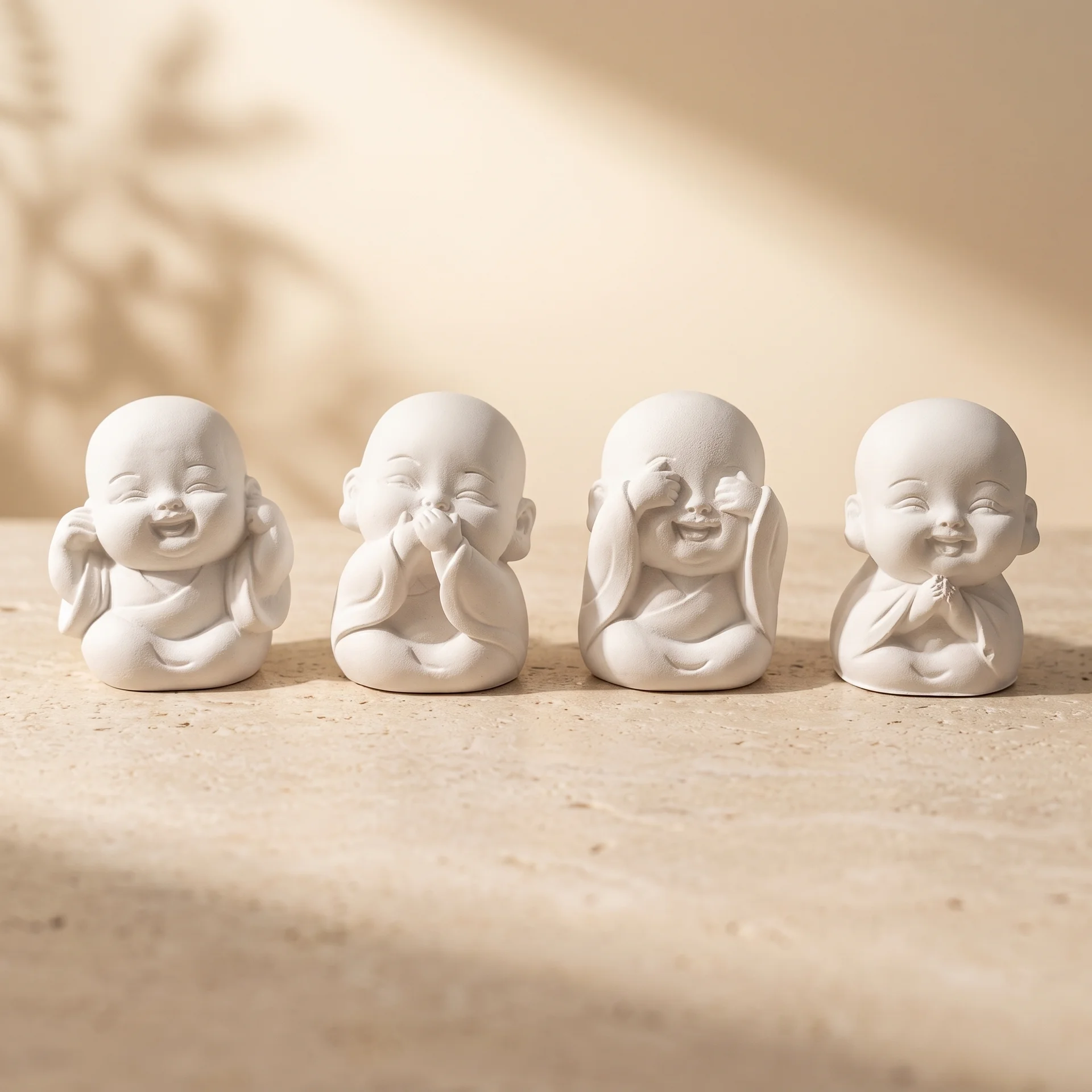 Set de cuatro pequeñas figuras de monjes budistas sabios en yeso cerámico blanco mate sobre mesa de piedra beige