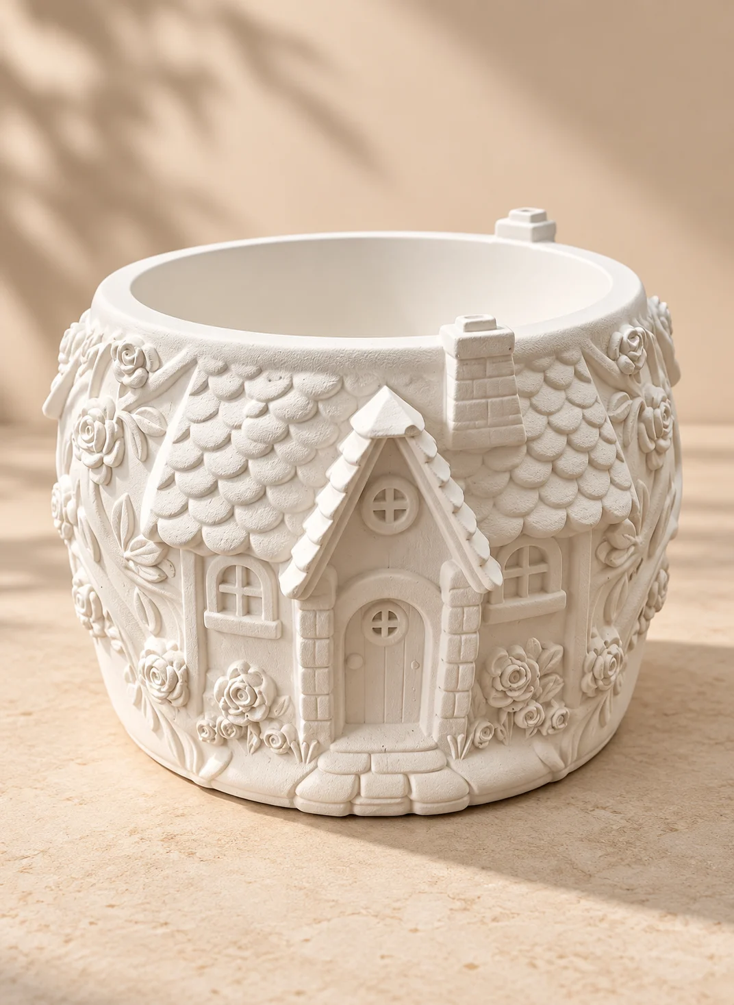 Macetero Casita Encantada de yeso cerámico blanco con flores, tejado y detalles en relieve
